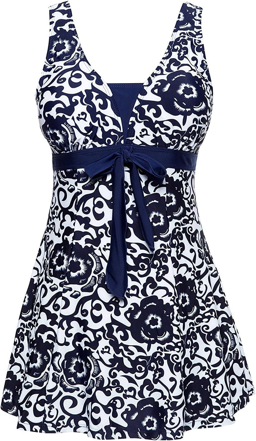 Womens plus Size Swimsuit One Piece Skirted Swimwear Tummy Control Swimming Costume with Shorts