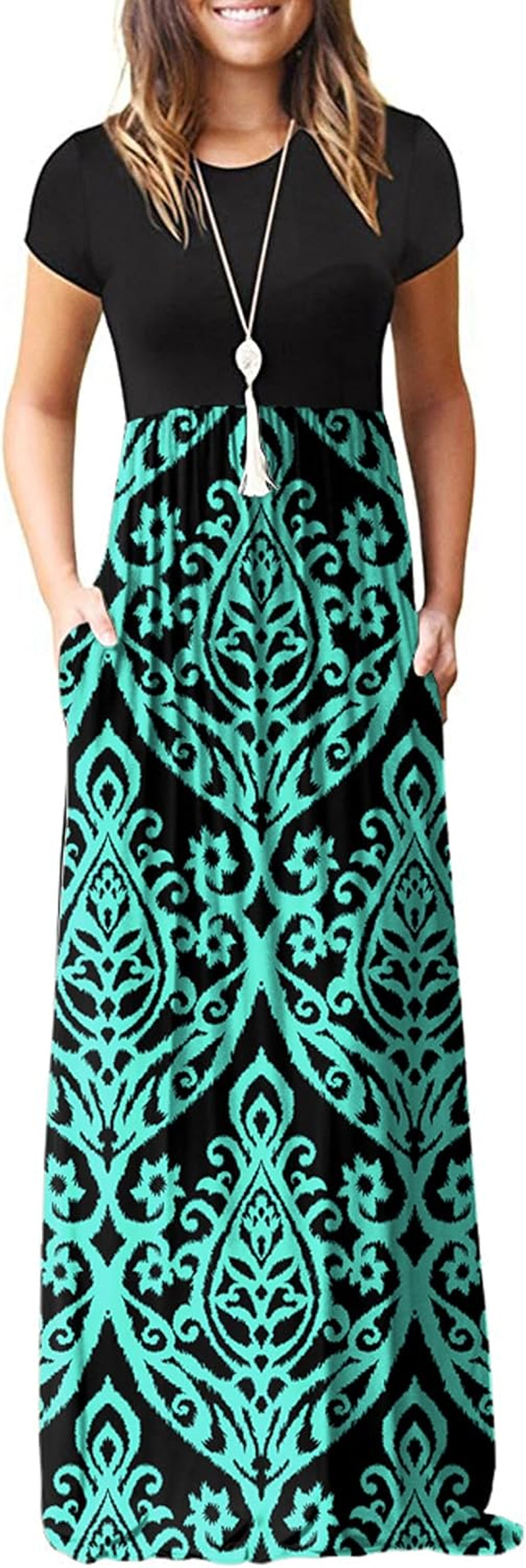 Womens Maxi Dress Ladies' Summer Casual Short Sleeve Long Dresses with Pocket for Daily, Holiday, Travel, Maternity