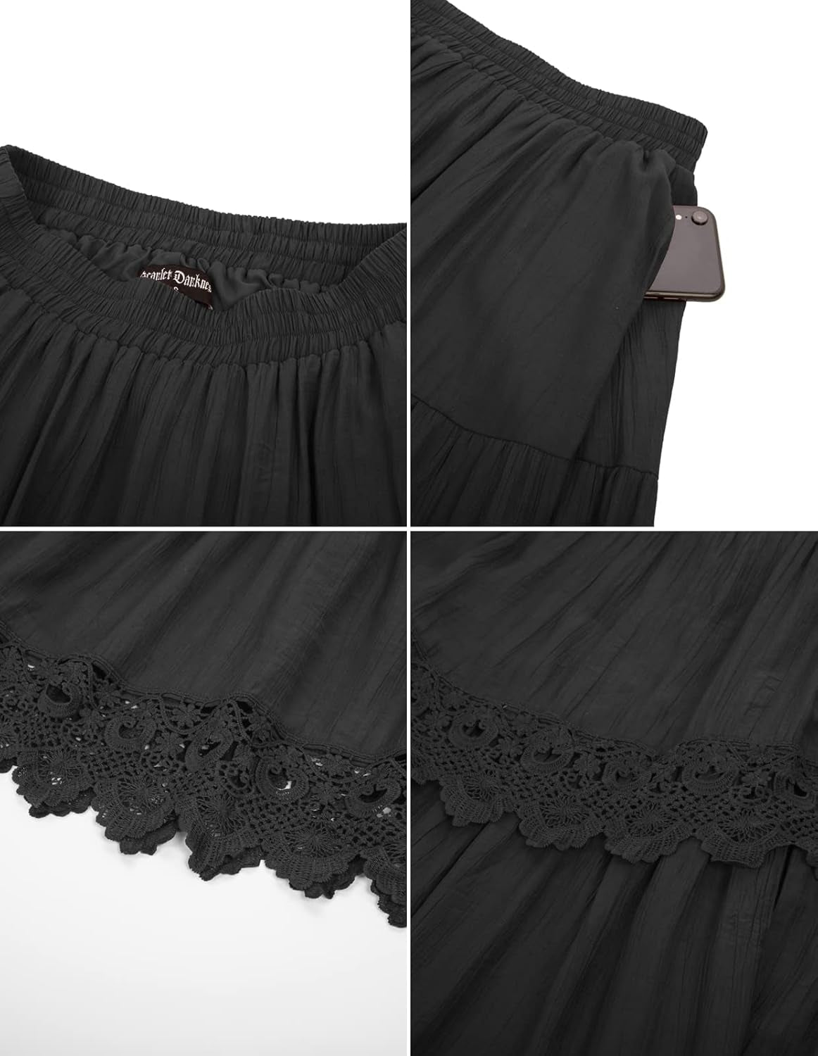 Women Victorian Skirt Elastic High Waist Tiered Lace Trim A-Line Maxi Skirts