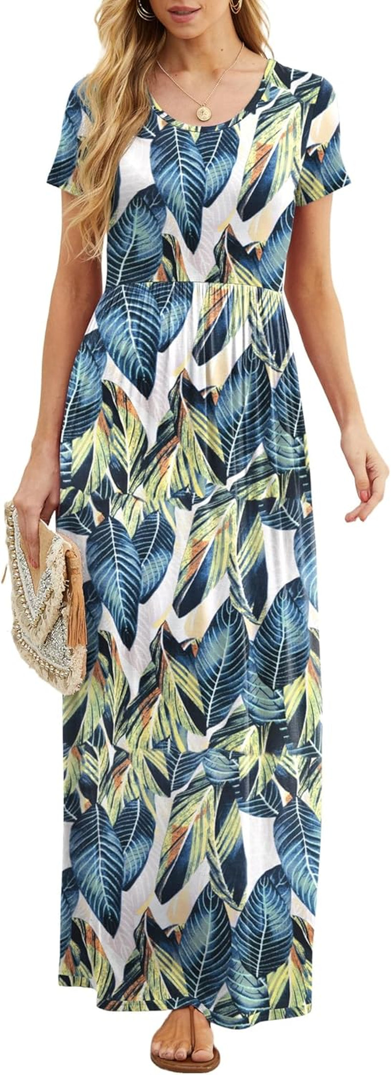 Womens Maxi Dress Ladies' Summer Casual Short Sleeve Long Dresses with Pocket for Daily, Holiday, Travel, Maternity