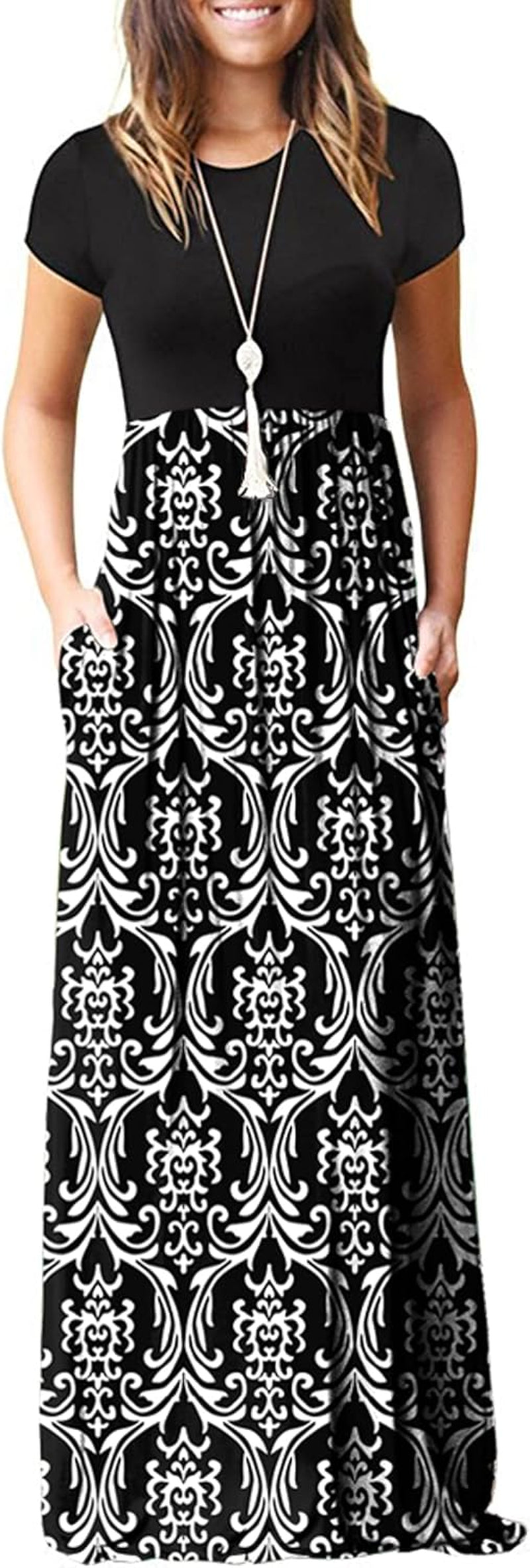 Womens Maxi Dress Ladies' Summer Casual Short Sleeve Long Dresses with Pocket for Daily, Holiday, Travel, Maternity