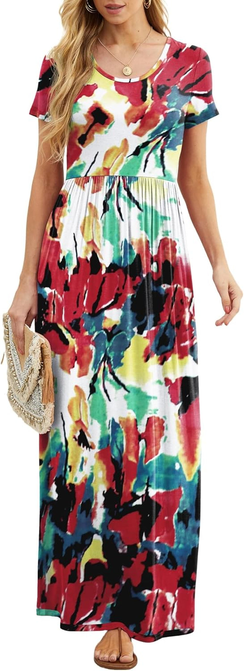 Womens Maxi Dress Ladies' Summer Casual Short Sleeve Long Dresses with Pocket for Daily, Holiday, Travel, Maternity