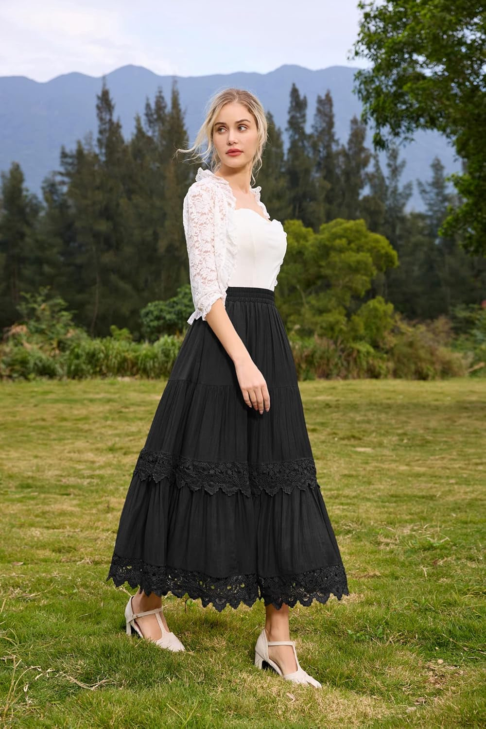 Women Victorian Skirt Elastic High Waist Tiered Lace Trim A-Line Maxi Skirts