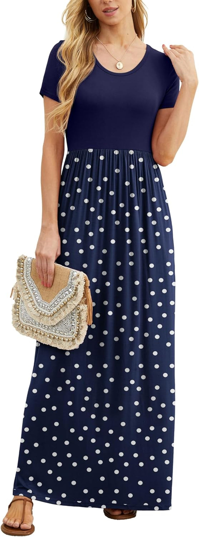 Womens Maxi Dress Ladies' Summer Casual Short Sleeve Long Dresses with Pocket for Daily, Holiday, Travel, Maternity