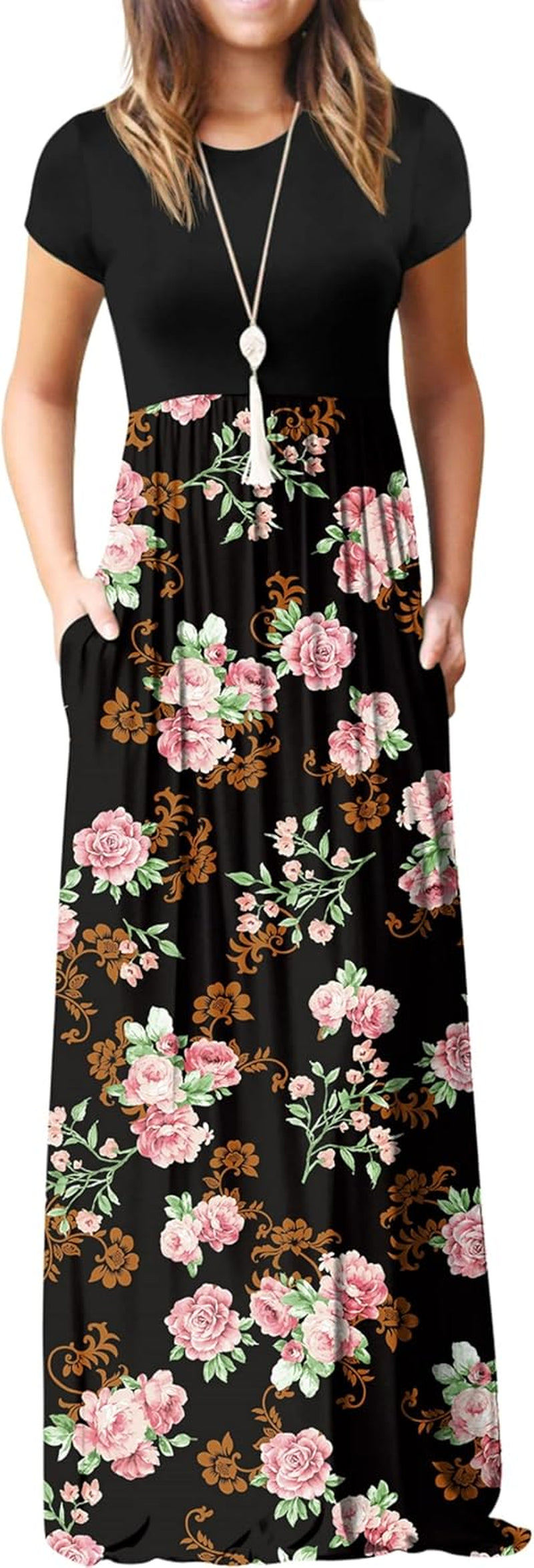 Womens Maxi Dress Ladies' Summer Casual Short Sleeve Long Dresses with Pocket for Daily, Holiday, Travel, Maternity