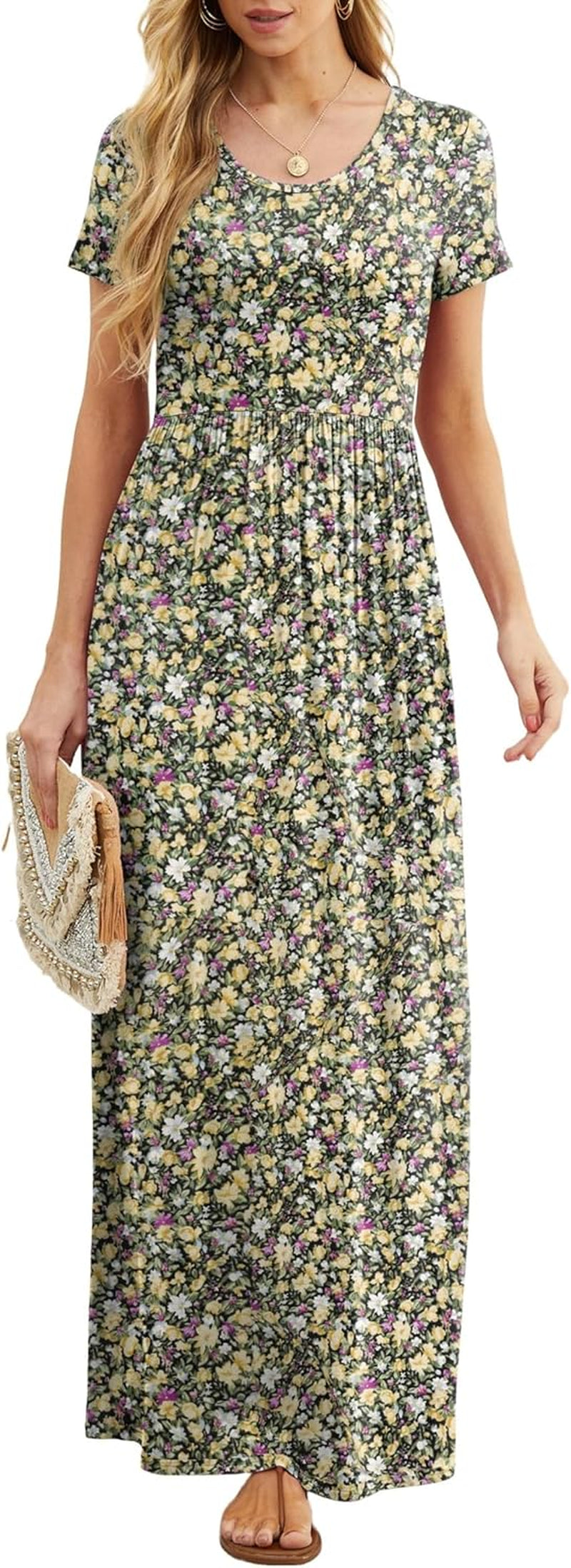 Womens Maxi Dress Ladies' Summer Casual Short Sleeve Long Dresses with Pocket for Daily, Holiday, Travel, Maternity