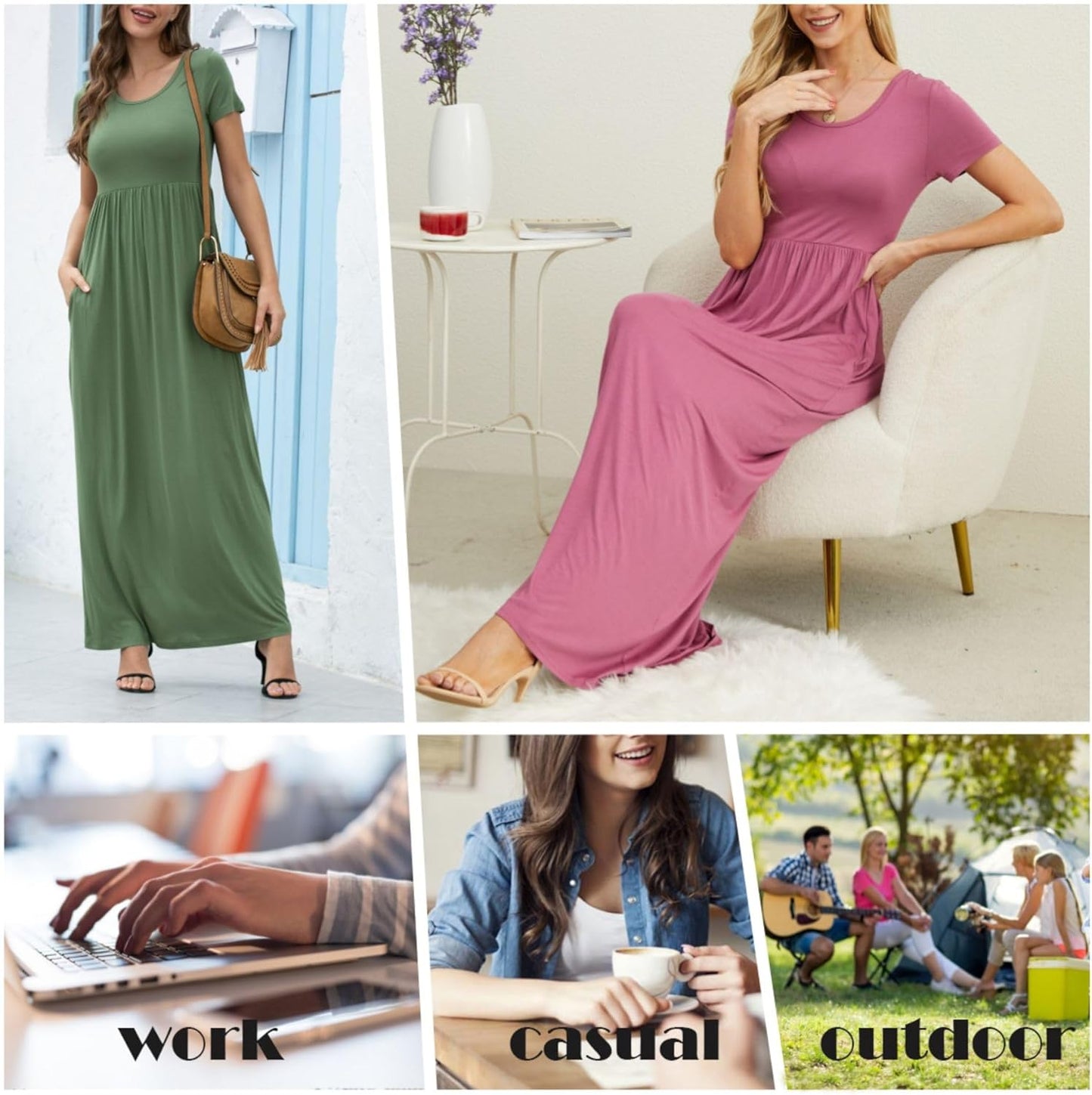 Womens Maxi Dress Ladies' Summer Casual Short Sleeve Long Dresses with Pocket for Daily, Holiday, Travel, Maternity