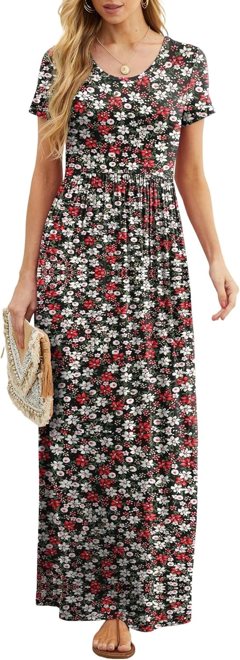 Womens Maxi Dress Ladies' Summer Casual Short Sleeve Long Dresses with Pocket for Daily, Holiday, Travel, Maternity