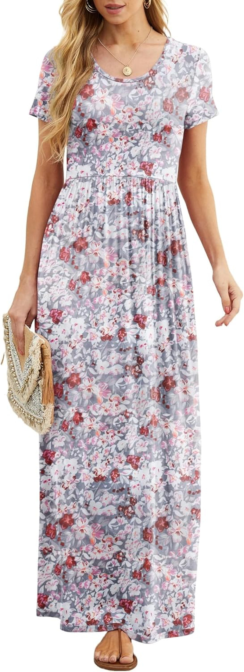 Womens Maxi Dress Ladies' Summer Casual Short Sleeve Long Dresses with Pocket for Daily, Holiday, Travel, Maternity