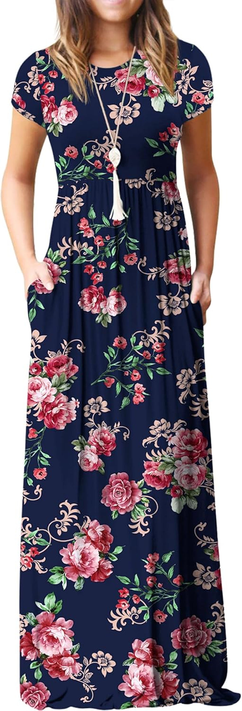 Womens Maxi Dress Ladies' Summer Casual Short Sleeve Long Dresses with Pocket for Daily, Holiday, Travel, Maternity