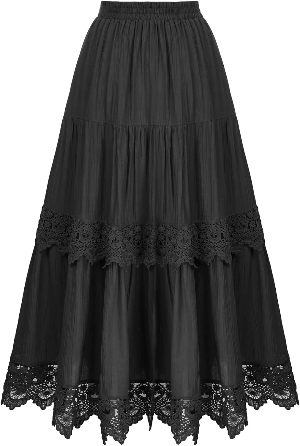 Women Victorian Skirt Elastic High Waist Tiered Lace Trim A-Line Maxi Skirts
