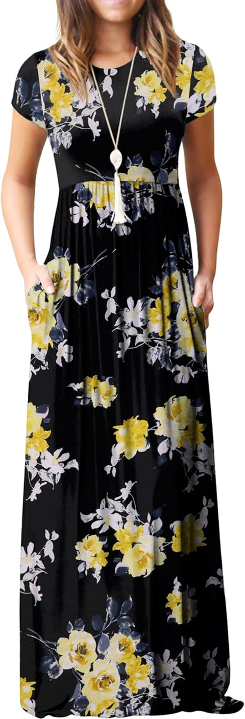 Womens Maxi Dress Ladies' Summer Casual Short Sleeve Long Dresses with Pocket for Daily, Holiday, Travel, Maternity