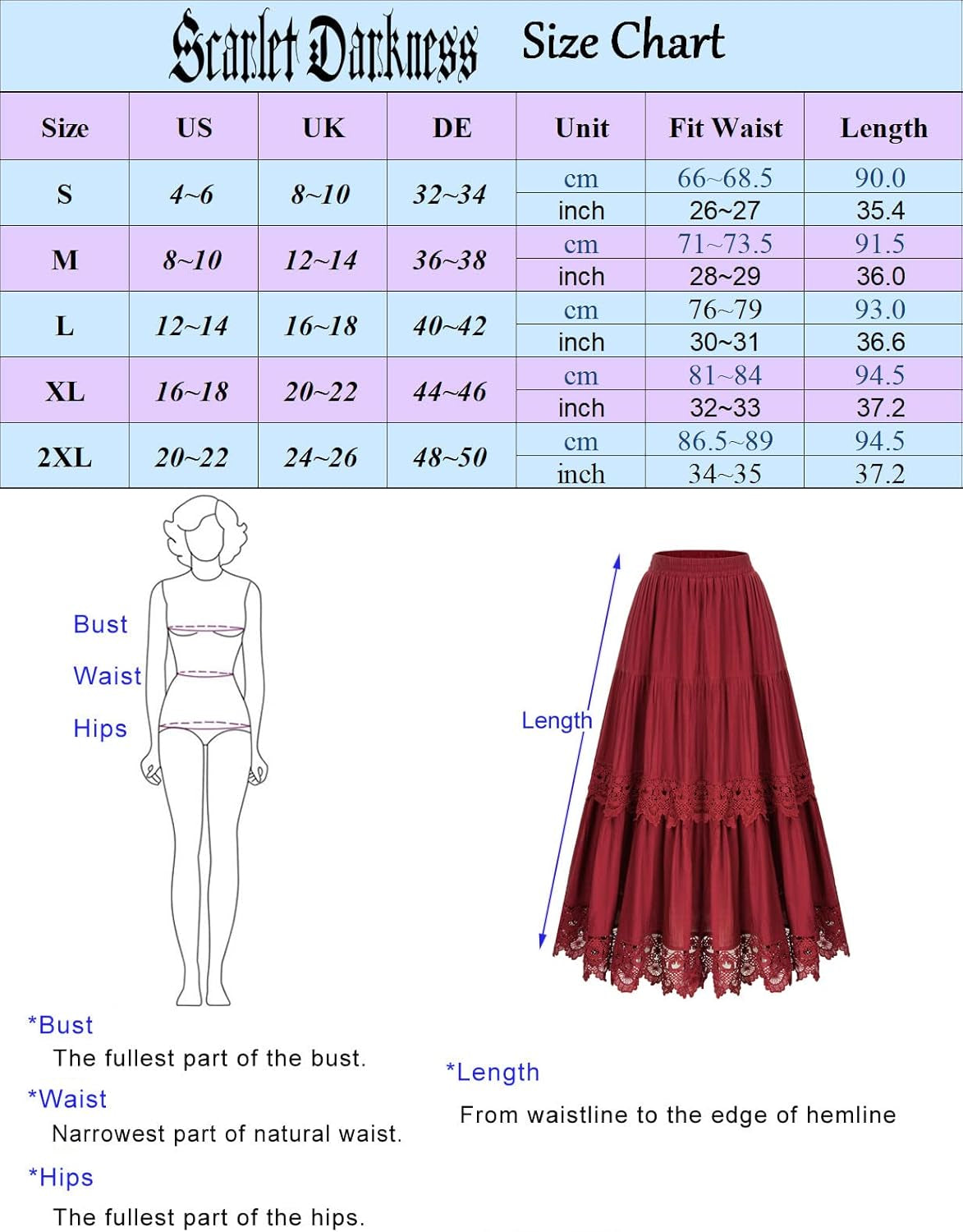 Women Victorian Skirt Elastic High Waist Tiered Lace Trim A-Line Maxi Skirts