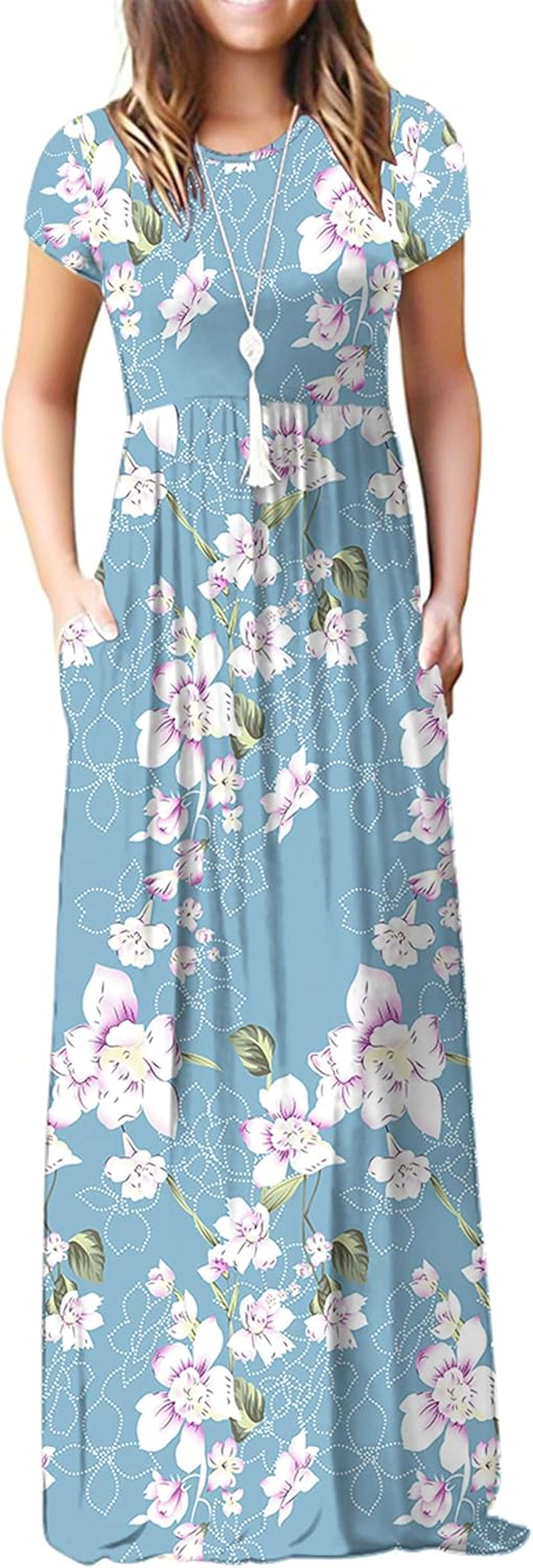 Womens Maxi Dress Ladies' Summer Casual Short Sleeve Long Dresses with Pocket for Daily, Holiday, Travel, Maternity