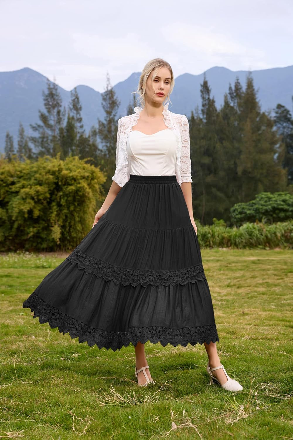 Women Victorian Skirt Elastic High Waist Tiered Lace Trim A-Line Maxi Skirts