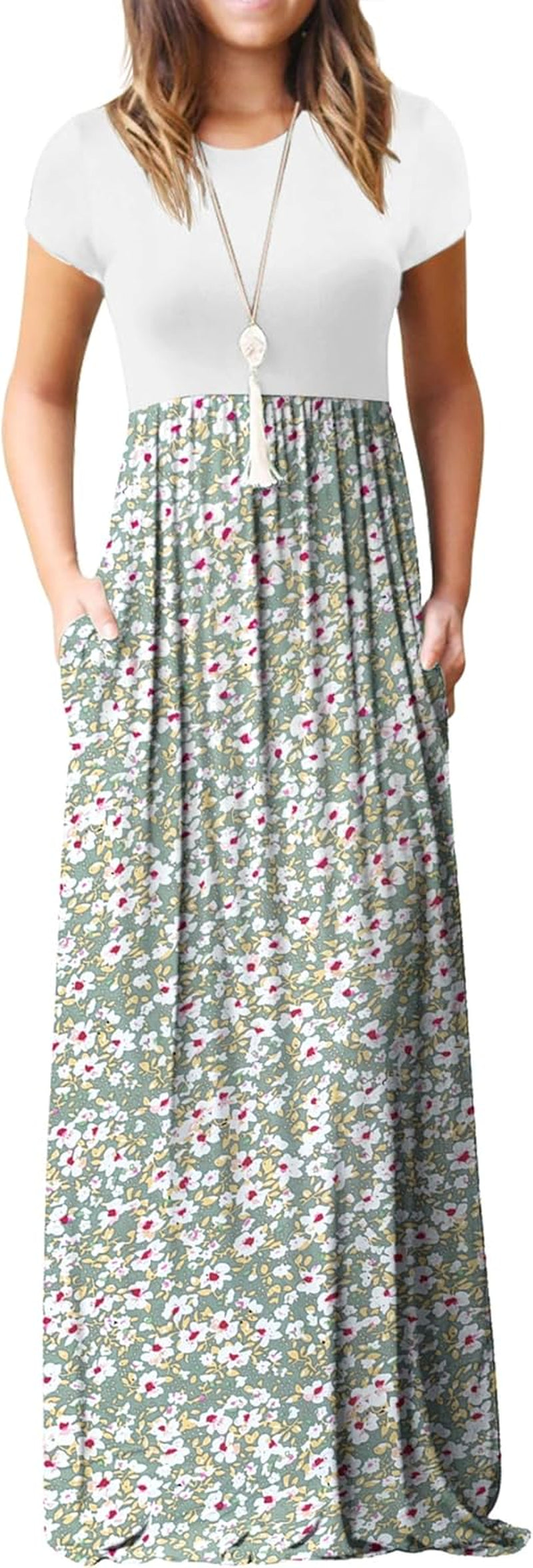 Womens Maxi Dress Ladies' Summer Casual Short Sleeve Long Dresses with Pocket for Daily, Holiday, Travel, Maternity