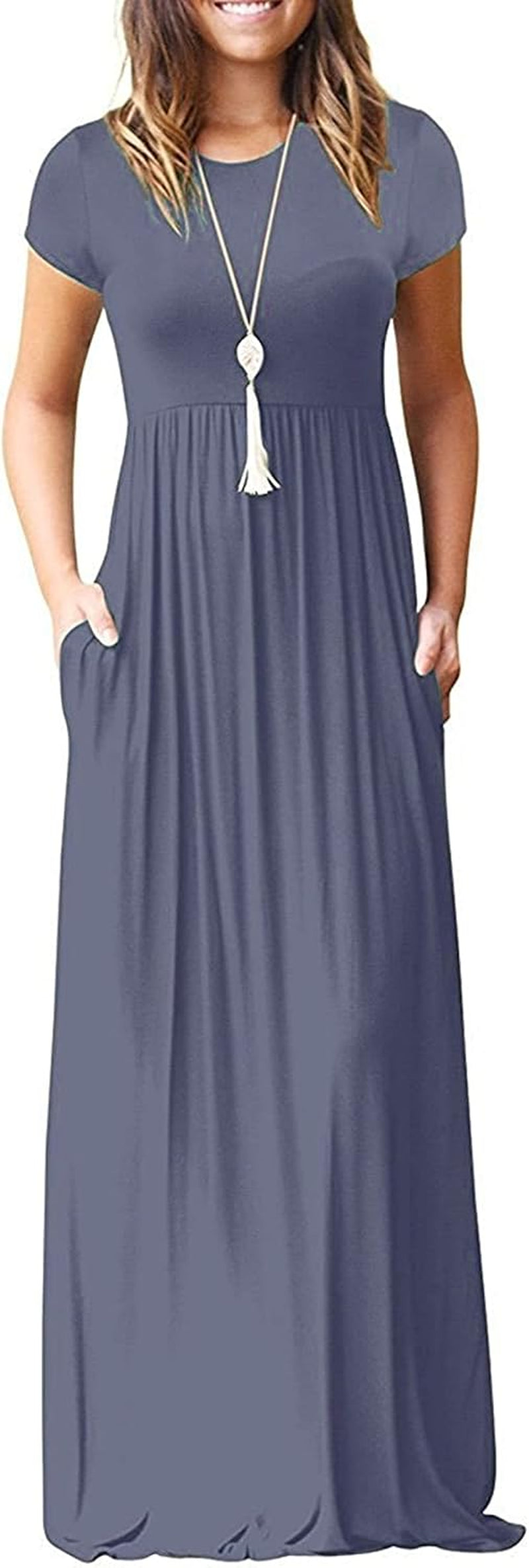 Womens Maxi Dress Ladies' Summer Casual Short Sleeve Long Dresses with Pocket for Daily, Holiday, Travel, Maternity