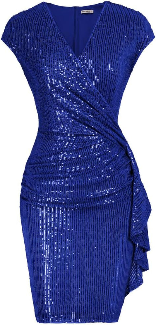 Sequin Dress for Women UK Cap Sleeve V-Neck Ruffled Mini Bodycon Evening Wedding Guest Dress