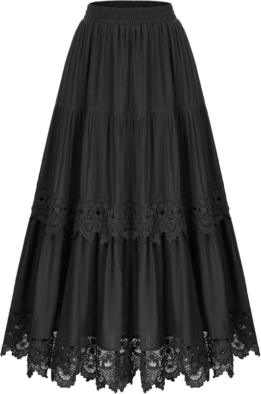 Women Victorian Skirt Elastic High Waist Tiered Lace Trim A-Line Maxi Skirts