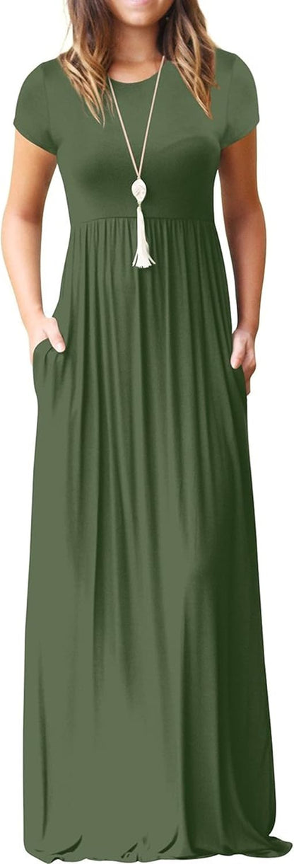 Womens Maxi Dress Ladies' Summer Casual Short Sleeve Long Dresses with Pocket for Daily, Holiday, Travel, Maternity