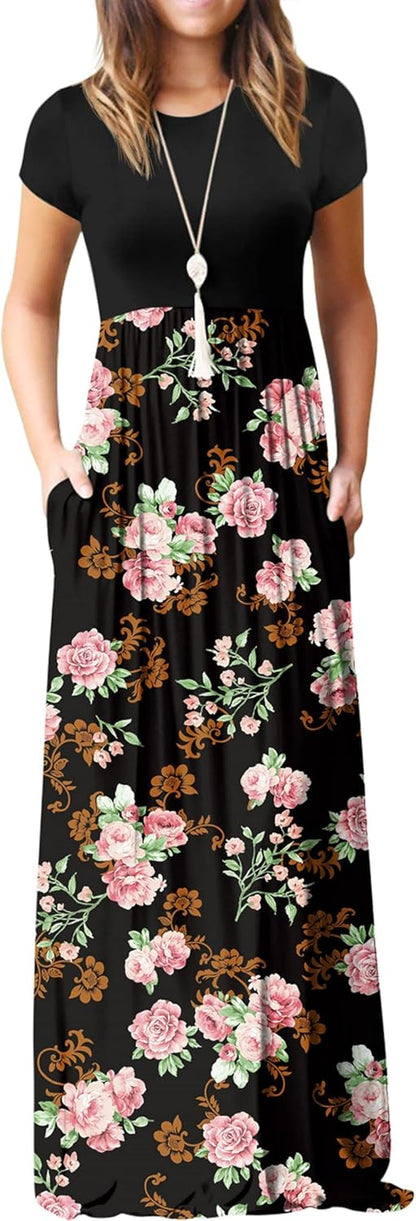 Womens Maxi Dress Ladies' Summer Casual Short Sleeve Long Dresses with Pocket for Daily, Holiday, Travel, Maternity