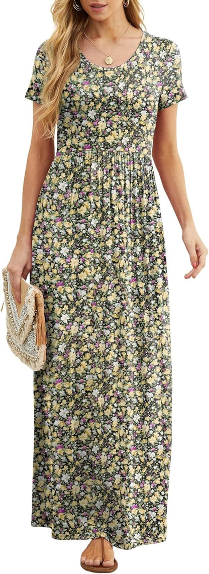 Womens Maxi Dress Ladies' Summer Casual Short Sleeve Long Dresses with Pocket for Daily, Holiday, Travel, Maternity