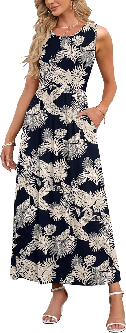 Summer Dresses for Women Casual Sleeveless Ladies Maxi Dress Long with Pockets