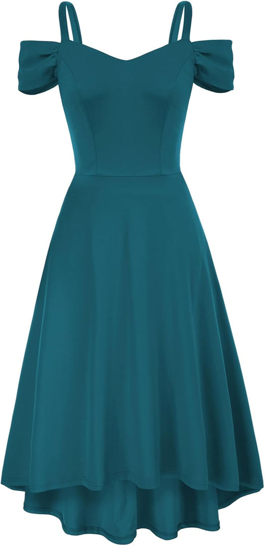Women Cold Shoulder Party Dress V-Neck High-Low Hem Flared A-Line Dress