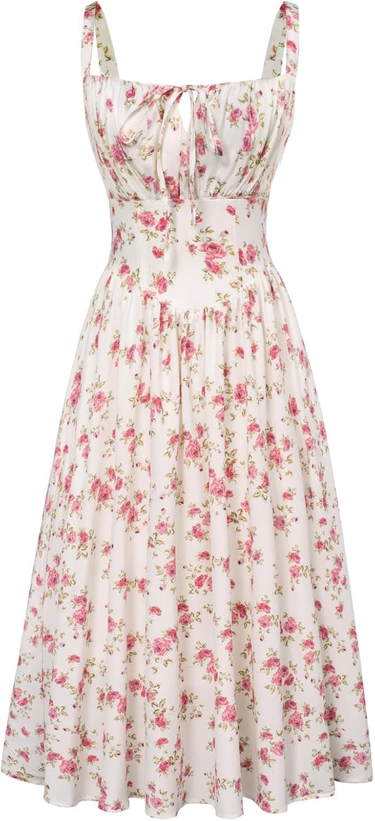 Women Sun Dress Victorian Casual A-Line Sleeveless Spaghetti Strap Floral Dresses for Summer Beach