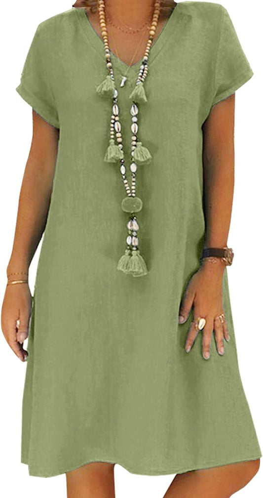 Women'S Dress Summer Linen Dresses Casual V Neck Midi Dress Short Sleeve A-Line Dress Sundress Tunic Dress without Accessories