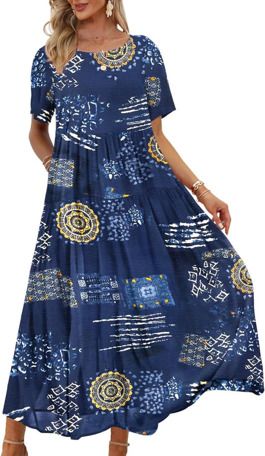 Women Dresses Casual plus Size Bohemian Short Sleeve Floral Long Maxi Summer Beach Swing Dress/Pockets EJFUK