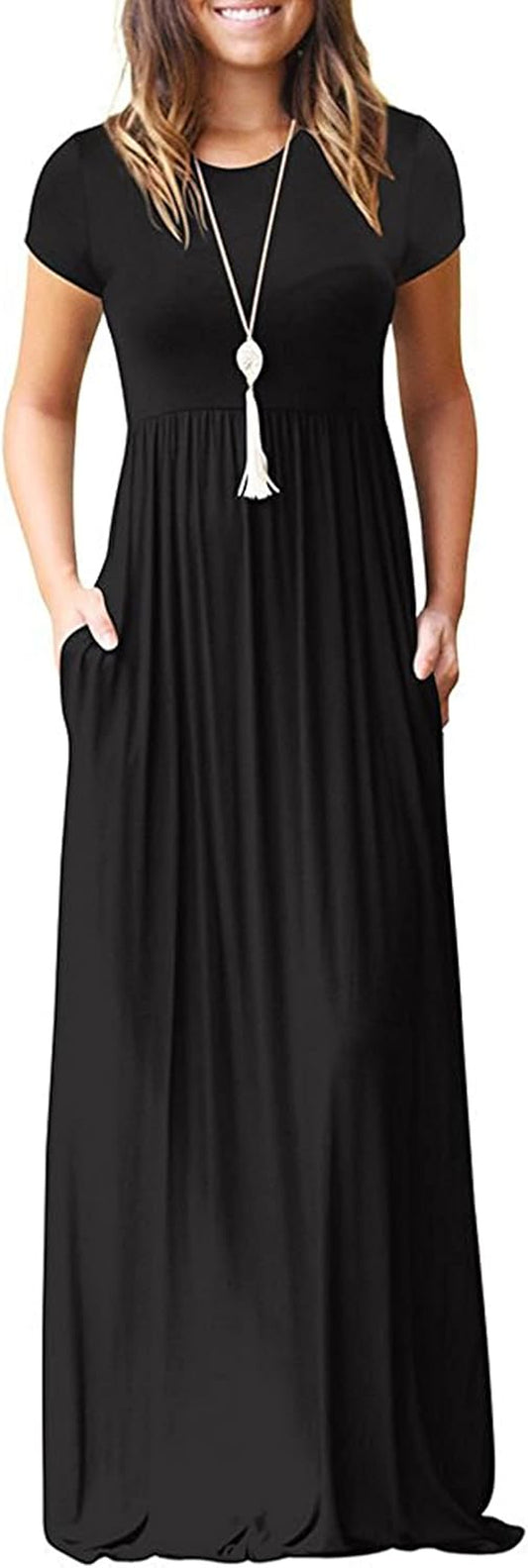 Womens Maxi Dress Ladies' Summer Casual Short Sleeve Long Dresses with Pocket for Daily, Holiday, Travel, Maternity